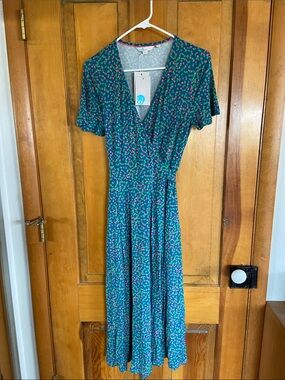 Boden Teal Midi Wrap Dress with Pink Dot Print